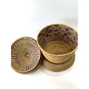 Vintage African Style Handwoven Coil Lidded Basket W/ Colorful Interior Design
